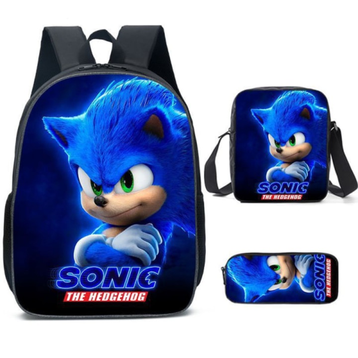 Rucsac scolar copii Sonic, 3 piese, imprimare 3D, negru/albastru