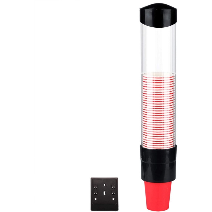 Falra szerelhető poháradagoló, biológiailag lebomló műanyag pohártartó, fekete