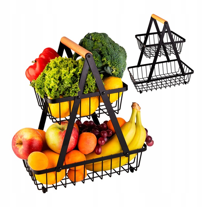 Cos Pentru Fructe Cu Doua Niveluri, Super Butelki, Metal, Calitate superioara, Maner Din Lemn, Durabil, Forma Dreptunghiulara, 34 x 19.5 x 29 cm, Negru