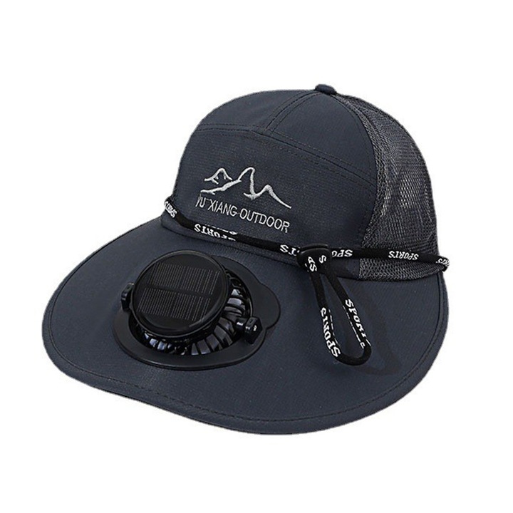 Palarie de soare, incarcare solara/USB, ventilator cu trei viteze reglabile, rotire la 360°, baterie de 1000 mAh, culoare neagra