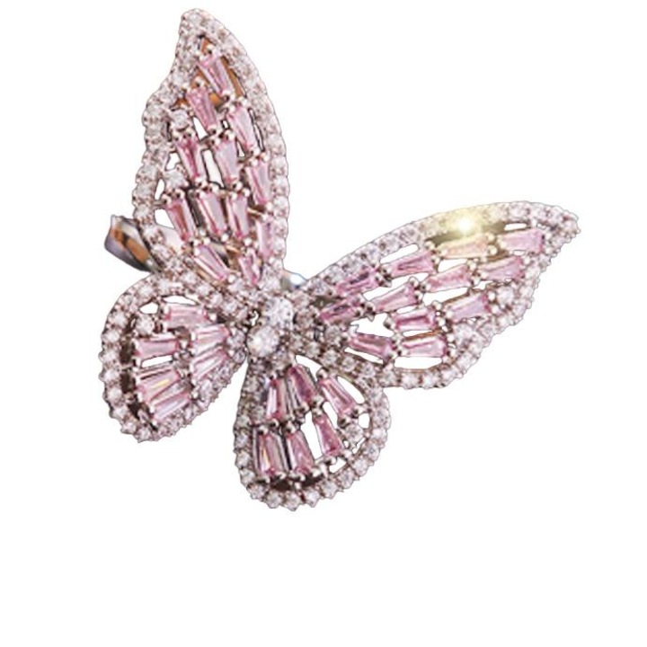 Inel dama, model fluture, cupru cu zirconiu cubic, argintiu/roz