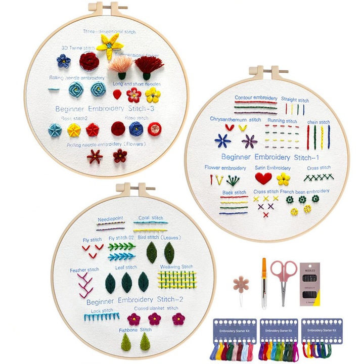 Set de 3 broderii pentru incepatori, 1 cadou de broderie, 25 cusaturi diferite, set start broderie manuala pentru adulti si iubitori de creatii