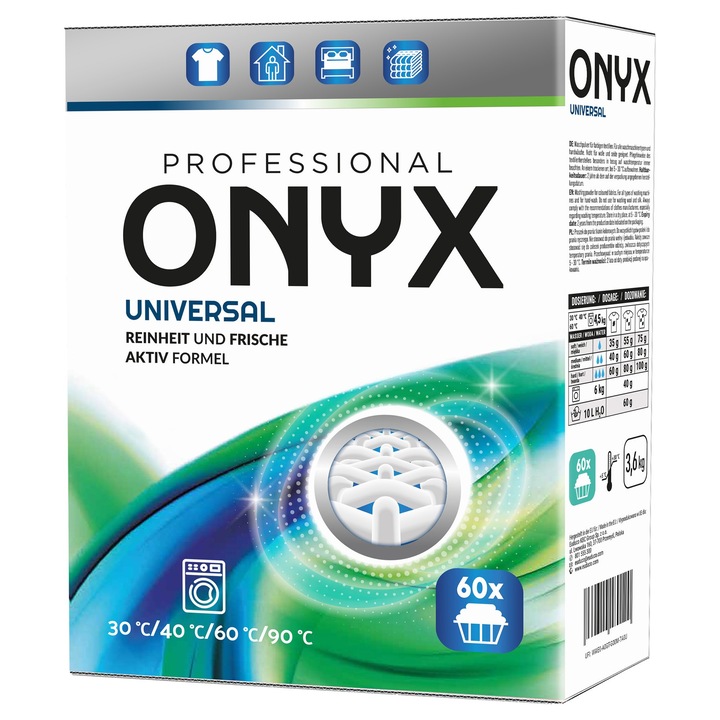 ONYX PROFESSIONAL mosószer, univerzális, 3,6 kg, 60 mosásra elegendő, minden típusú mosógéphez