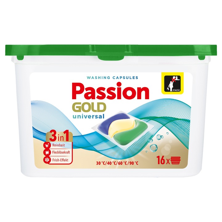 Capsule de spalare 3in1 PASSION GOLD, 16 buc, protectie culori, eficienta la 30C-60C