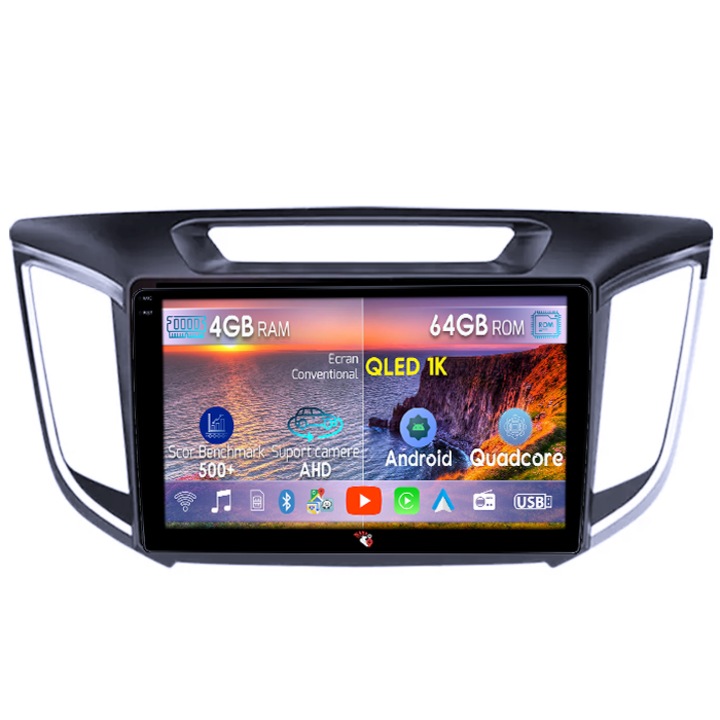 Dedikált navigáció Hyundai ix 25 / Creta, 4GB RAM 64GB ROM, Octacore, Android 14, QLED 1K 9" kijelző, Carplay&Android Auto, SIM 4G, Aktív ventilátor