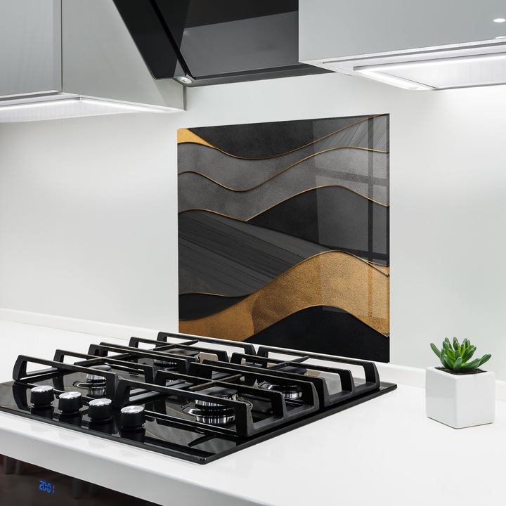 Panou Sticla Bucatarie, 100x100 cm, Protectie aragaz, Antistropi, Termorezistent, Abstracte, Abstract cu Linii, Abstract Gold And Grey Waves