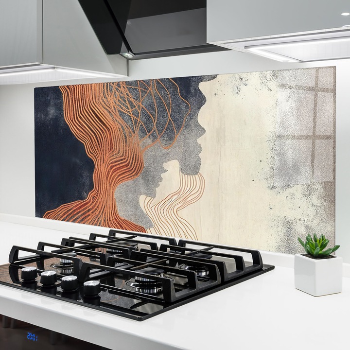 Panou Sticla Bucatarie, 60x150 cm, Protectie aragaz, Antistropi, Termorezistent, Abstracte, Arta Abstracta, Orange Lines On Blue