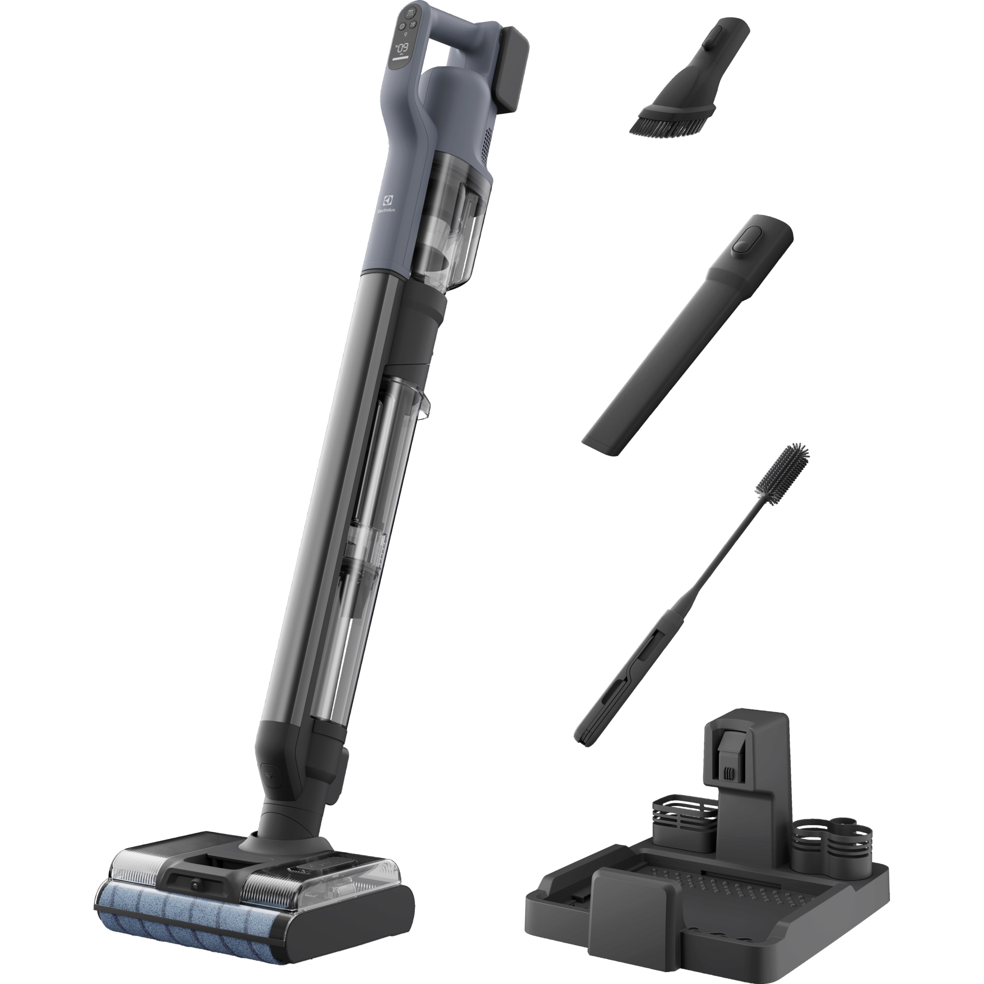 Aspirator vertical cu spalare 800 Wet&Dry Electrolux EW82U1DB, stand de incarcare cu functie auto-curatare & uscare role la 70°C, motor BLDC, autonomie maxima 35 min, duze pentru s