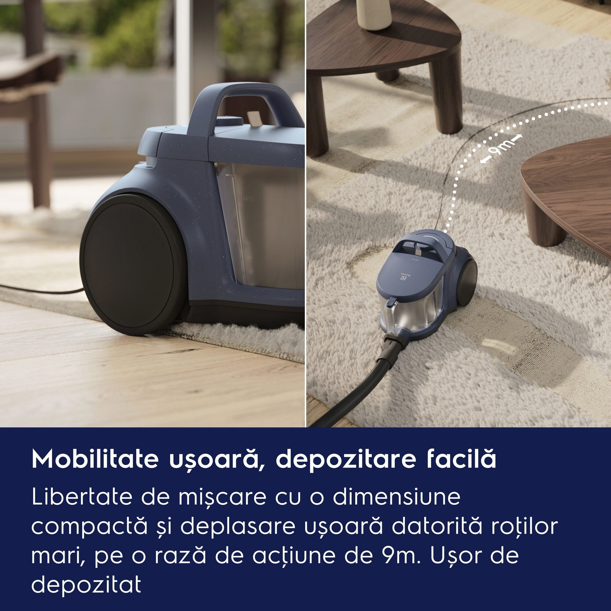 Aspirator fara sac Electrolux 500 EL51C1LDB, 850 W, recipient praf 2l, filtrare HEPA, raza de actiune 9 m, perie premium AllFloor, tub metalic telescopic cu blocare, albastru denim/negru