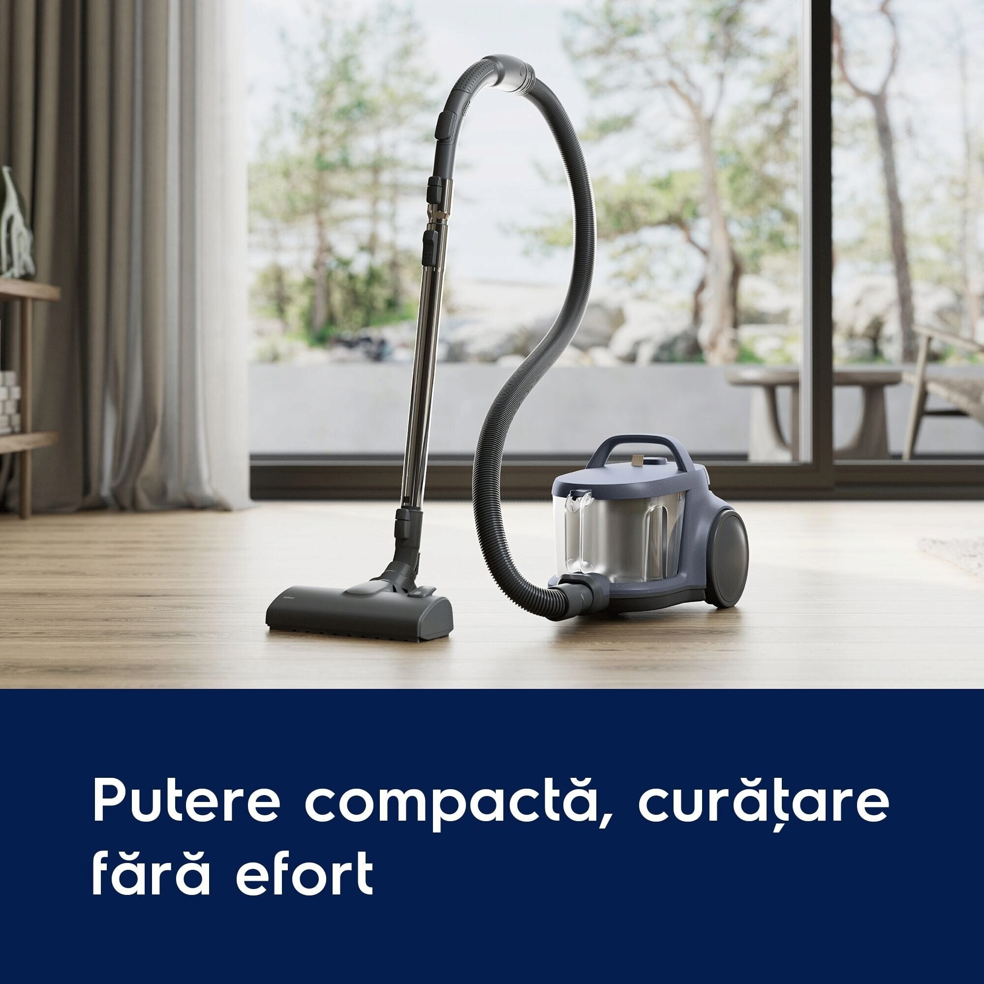 Aspirator fara sac Electrolux 500 EL51C1LDB, 850 W, recipient praf 2l, filtrare HEPA, raza de actiune 9 m, perie premium AllFloor, tub metalic telescopic cu blocare, albastru denim/negru
