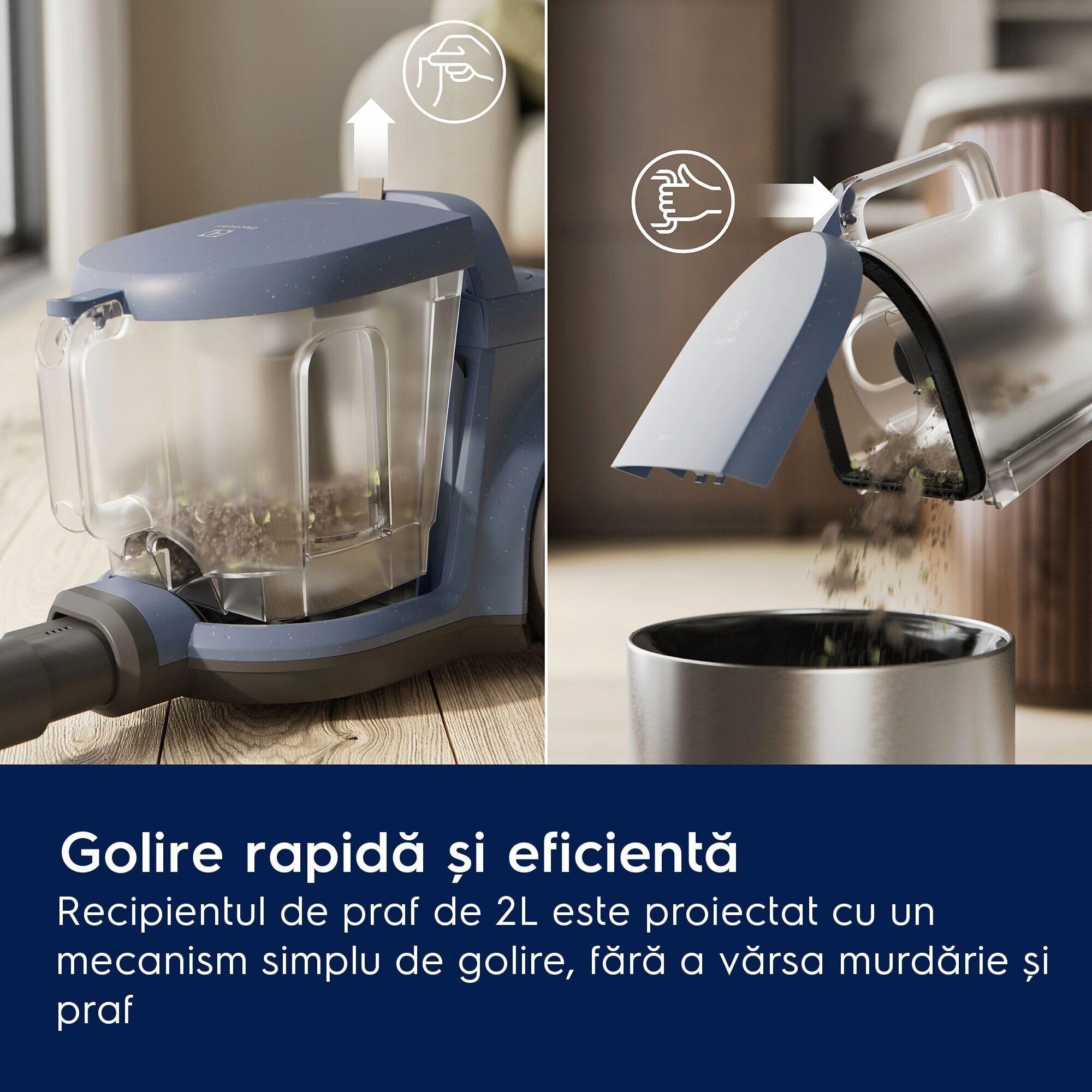 Aspirator fara sac Electrolux 500 EL51C1LDB, 850 W, recipient praf 2l, filtrare HEPA, raza de actiune 9 m, perie premium AllFloor, tub metalic telescopic cu blocare, albastru denim/negru