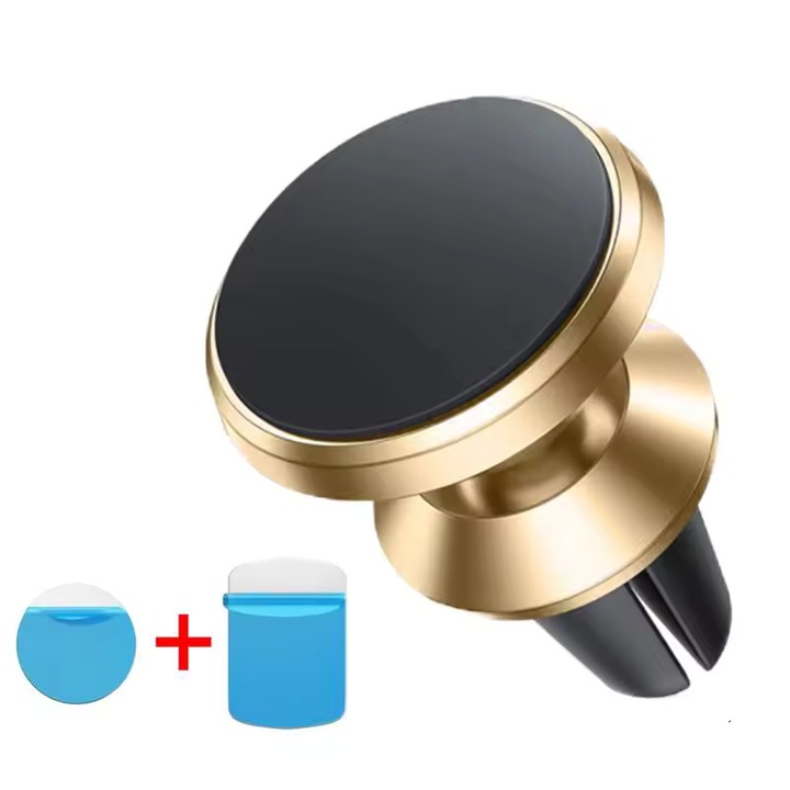 Suport auto magnetic universal, prindere pe grila de ventilatie, rotire 360°, auriu, cu 2 autocolante metalice, 35x90mm