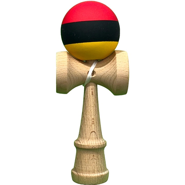 Professzionális Kendama interaktív játék, Flippy, Fa, 18 cm, Ügyességi játék gyerekeknek és felnőtteknek, Többszínű Piros Fekete Sárga