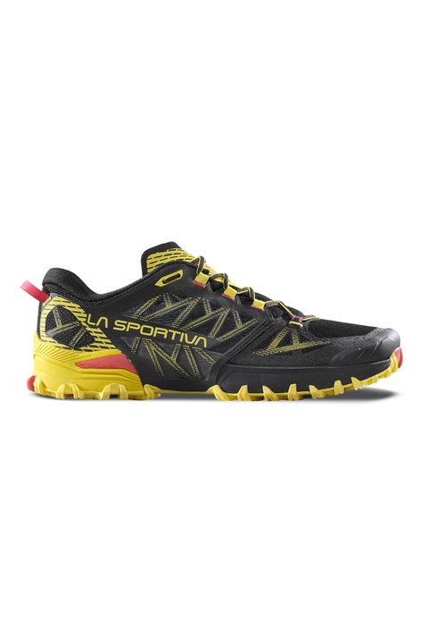 La Sportiva, Pantofi Bushido III din plasa cu detalii contrastante, adecvati pentru alergarea pe teren accidentat, Negru/Galben