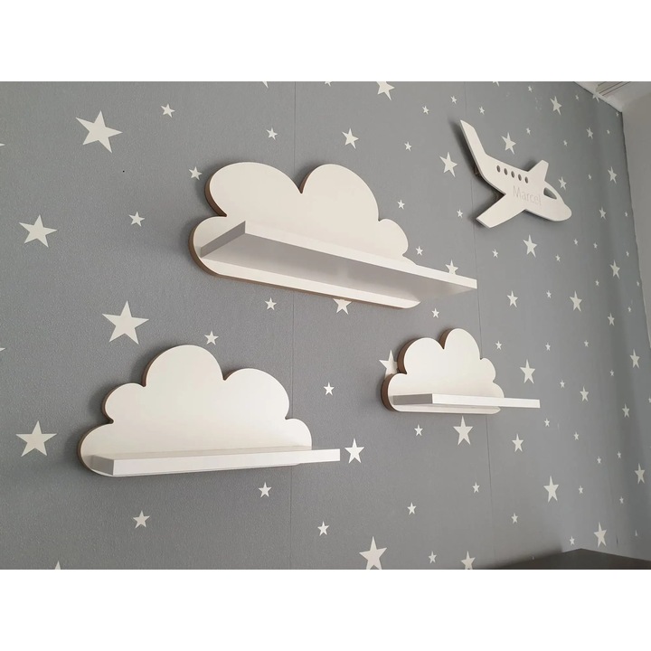 Rafturi chmurki Moliland, set 3 bucati, stil scandinav, alb, MDF natural