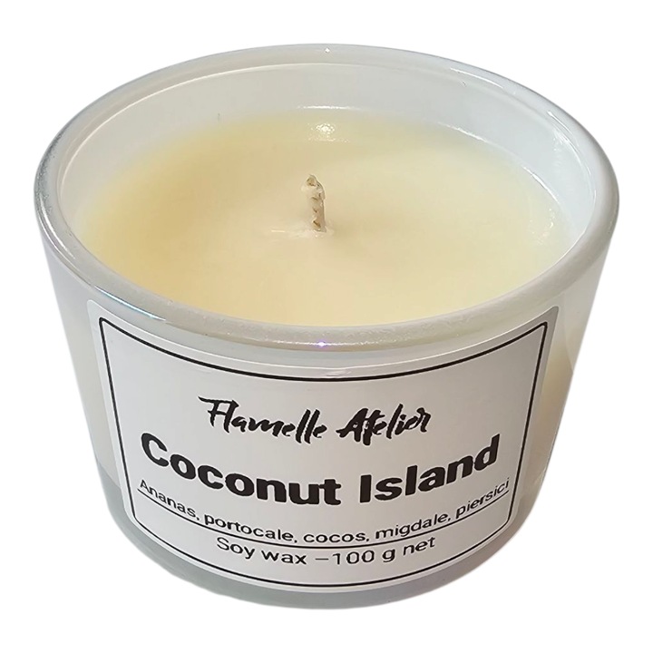 Lumanare parfumata din ceara de soia, Flamelle Atelier, Coconut Island, handmade, 100 g