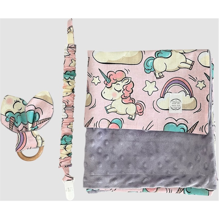 Set cadou 3 piese pentru bebelusi, imprimeu unicorn si curcubeu, bumbac/minky, Atelier Aleda, 75x95 cm