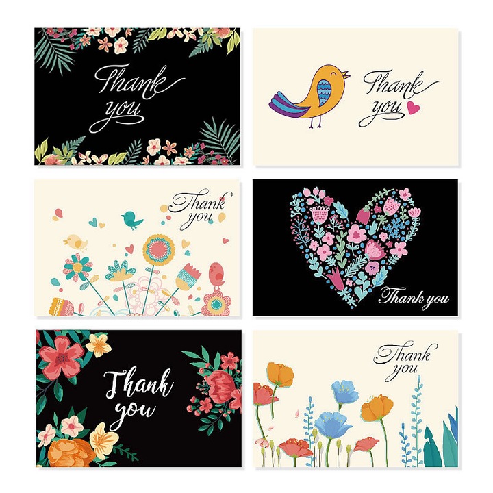 Set 6 köszönetkártya borítékkal, virágos, 10x15cm