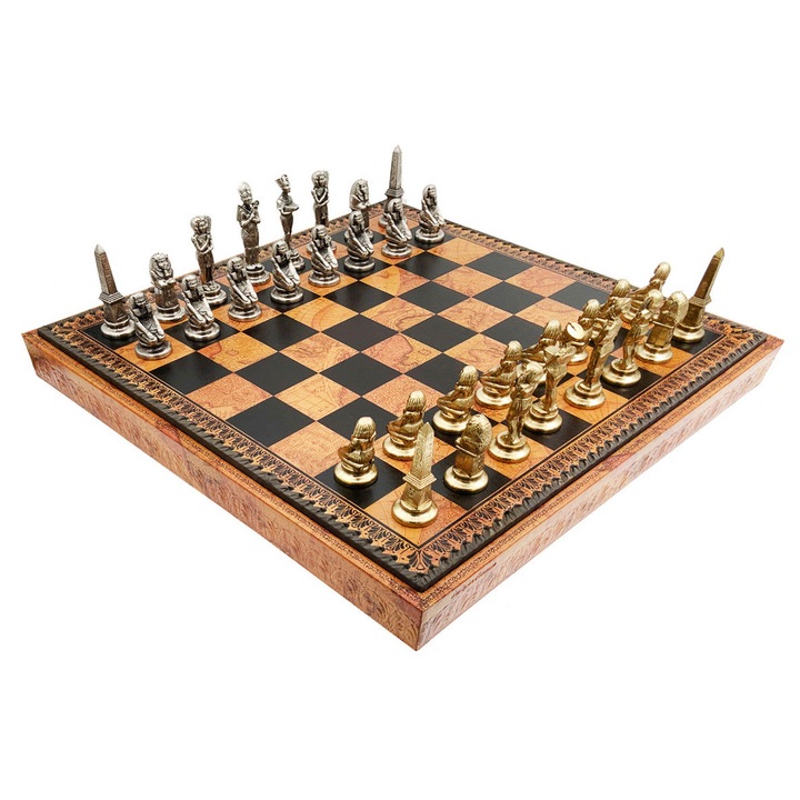 Set Jocuri 3 in 1 Italfama: Sah Egiptean, Dame, Backgammon, Piese metalice, Tabla din piele 48x48x5.5cm