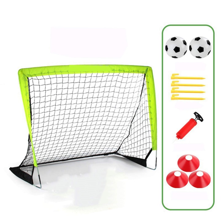Poarta de fotbal pentru copii pliabila portabila, set joaca cu plasa rezistenta, usor de montat, ideala pentru interior/exterior, materiale durabile, accesorii incluse, antrenament agilitate, joaca educativa 4-6 ani