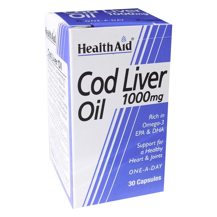 Ulei de ficat de cod 1000mg Health Aid, Omega 3, vitamine A, D, E, 30 capsule
