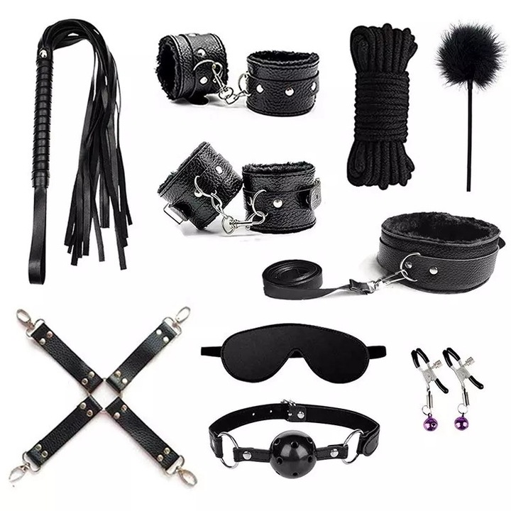 Set BDSM, peewit, 10 piese, piele ecologic, negru