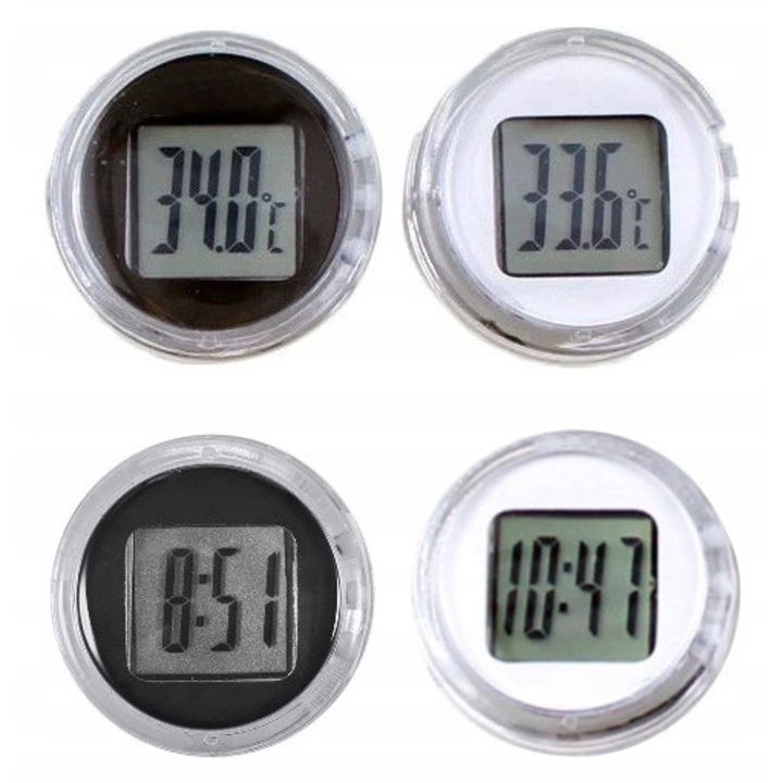 Комплект мини часовник и термометър за кола, черно/бяло, 28x10 мм