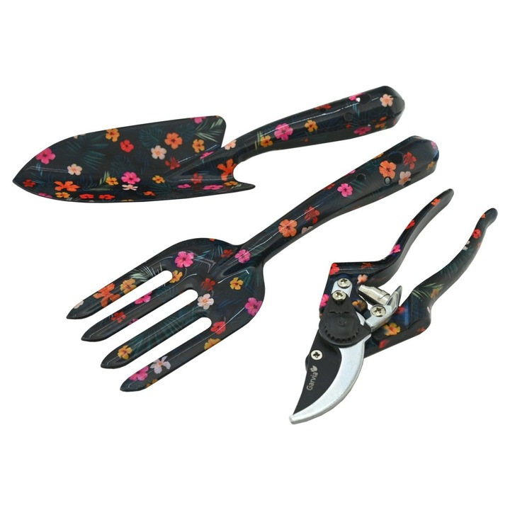 Set 3 ustensile de gradin Garvia, negru cu model floral
