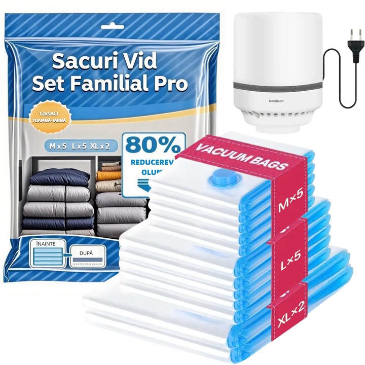 12 db Vákuumzsák Ruhákhoz Pumpával, Omelivon, Méretek: 80x100cm*2/60x80cm*5/50x70cm*5, Használat: Tárolás, Utazás