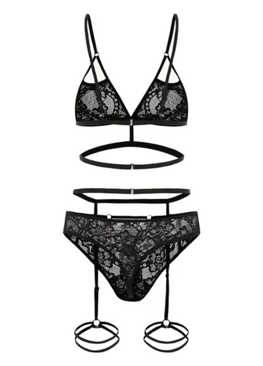 Szexi és erotikus 3 részes fehérnemű szett – melltartó, harisnyatartó és piros csipkés tangabugyi, ajándékcsomagolással, Fekete
