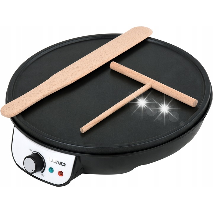 Lund palacsintasütő, 30 cm, fekete, termosztáttal és tapadásmentes felülettel, 2 db spatula készlettel