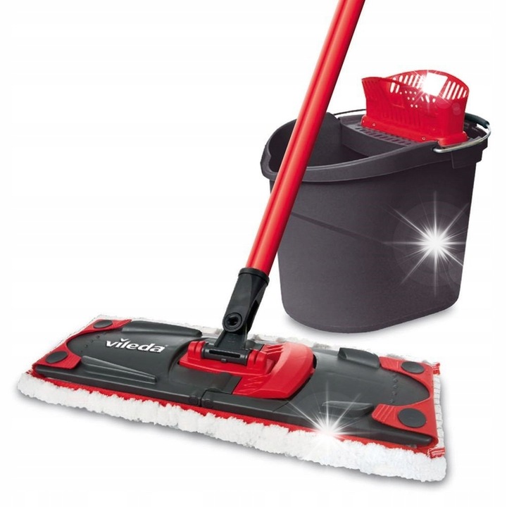 Комплект мопове Vileda UltraMax, моп от 3 части с гумена накрайник, 2 x микрофибърни кърпи, 120 см, 28,5 x 28,3 x 40 см