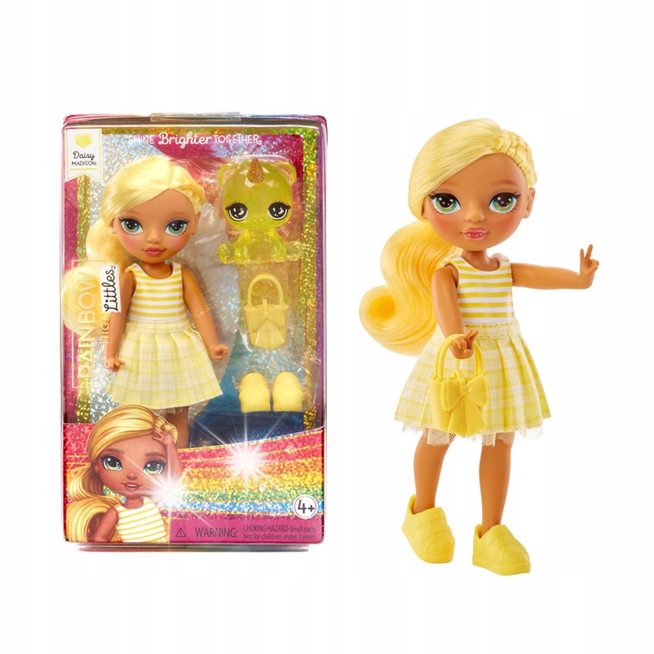 Комплект кукли Rainbow High Littles - Дейзи Мадисън, 14 см мобилна кукла, жълта рокля, чанта и вълшебно плюшено мече