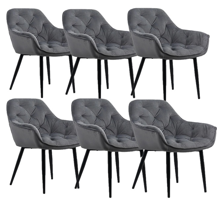 Set 6 Scaune, buz, din Catifea/Metal, Design Elegant, Ergonomice, 83x57x58 cm, Gri/Negru
