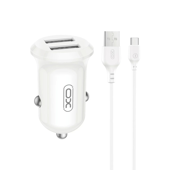 Incarcator auto XO CC67 set 2*USB-A 12W alb, cablu USB-C inclus