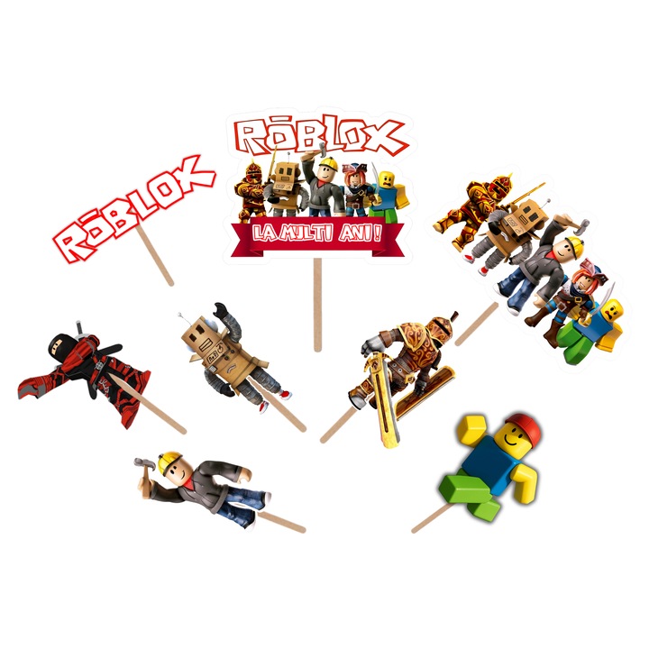 Topper Tort Roblox – Carton Lucios, Set 8 buc 14–17 cm, Petrecere Copii