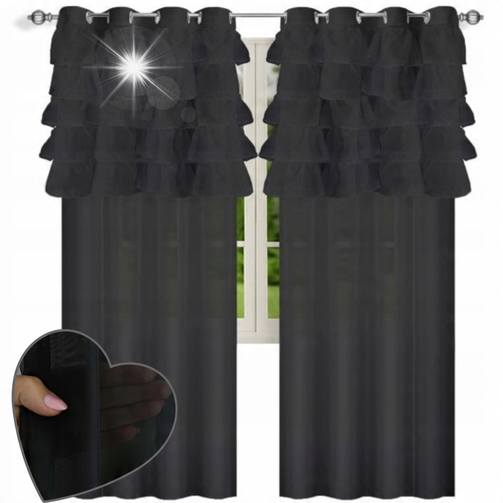 2 darabos fekete függöny szett fodros díszítéssel, gótikus minta, poliészter, 145x250cm, fűzőlyukakkal