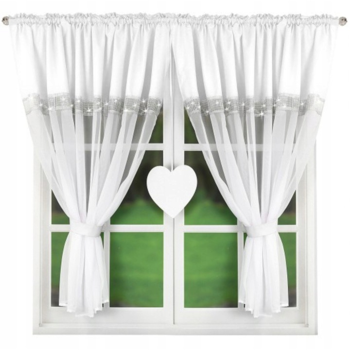 Rövid fehér voile függöny, 400x145cm, cirkónia díszítéssel