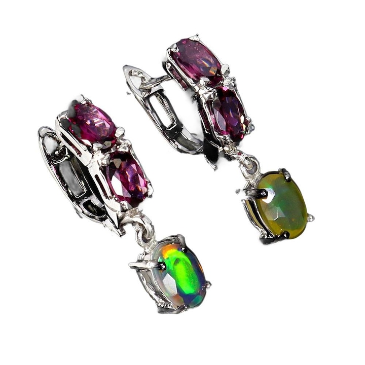 Cercei din argint 925 Songea, placati cu aur alb 14K, opale ogniste si granate, 23x5mm, 4.15g