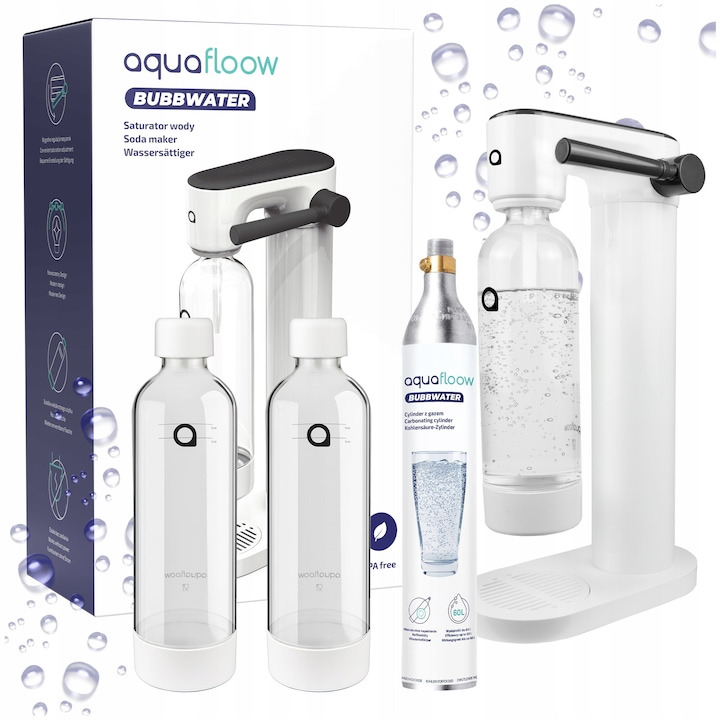 Уред за газирани напитки, карбонатор, сатуратор за вода, съвместим с AquaFloow Bubbwater, комплект с CO2 цилиндър, 2x бутилки за вода 1 л, бял