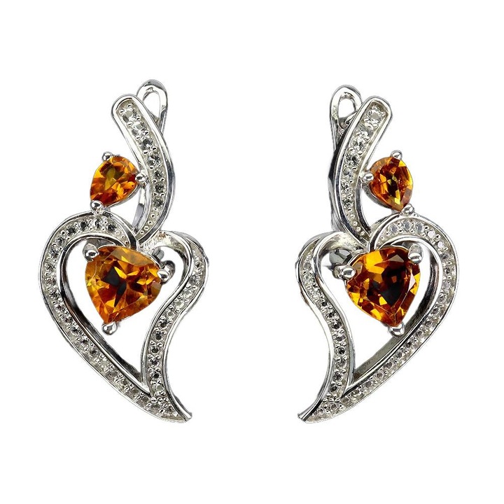 Cercei din argint 925 Songea, placati cu aur alb 14K, citrine naturale si topaze albe, 27x13mm, set