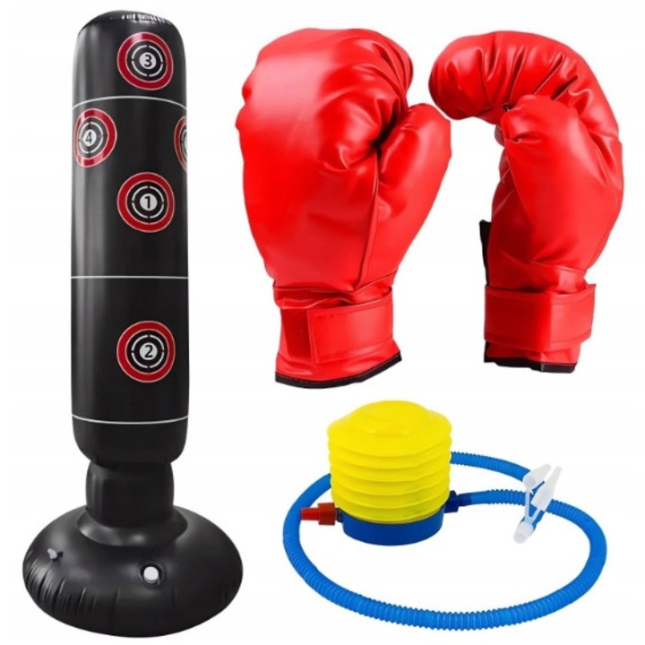 Sac de box gonflabil FOTOROB cu manusi, model cu tinta imprimata, pentru copii si adulti. Se umple cu apa sau nisip 160 cm, negru-rosu