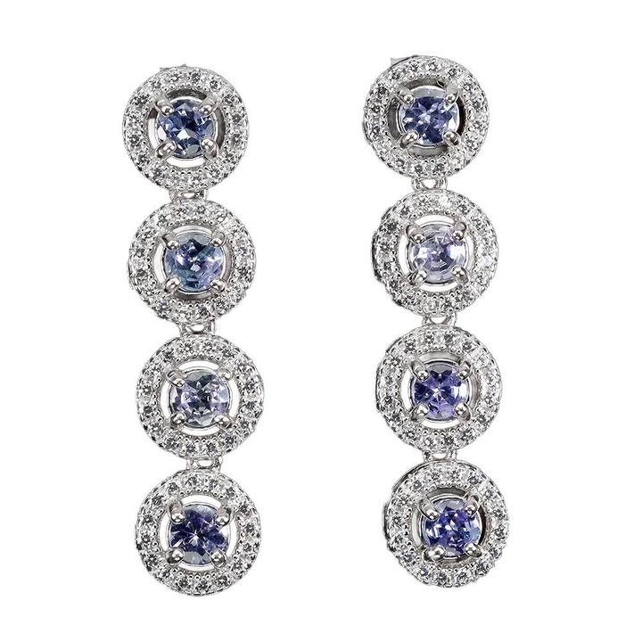 Cercei din argint 925 cu tanzanite naturale si zirconii, Songea, 34x8mm, 5.98g