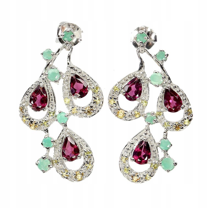 Cercei din argint 925 Songea cu smaralde naturale, granate si safire, 38x20mm, set