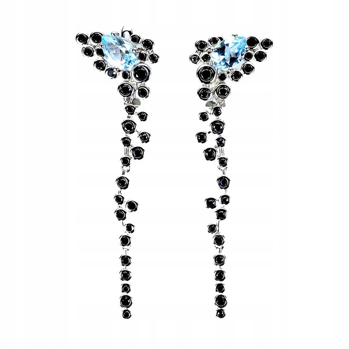 Cercei din argint 925 cu topaze naturale sky blue si spineluri negre, Songea, 50x16mm, set