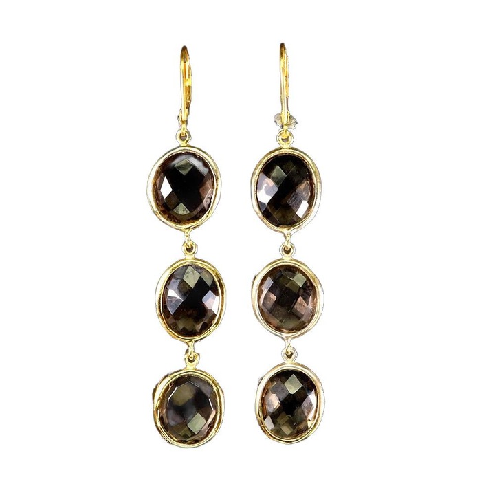 Cercei din argint 925 cu cuart fumuriu natural, Songea, 68x12mm, 14K aur, set