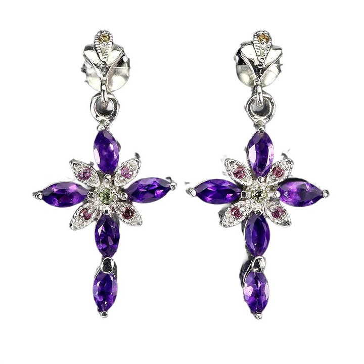 Cercei din argint 925 Songea cu granate, olivine, safire si ametiste, 36x18mm, set