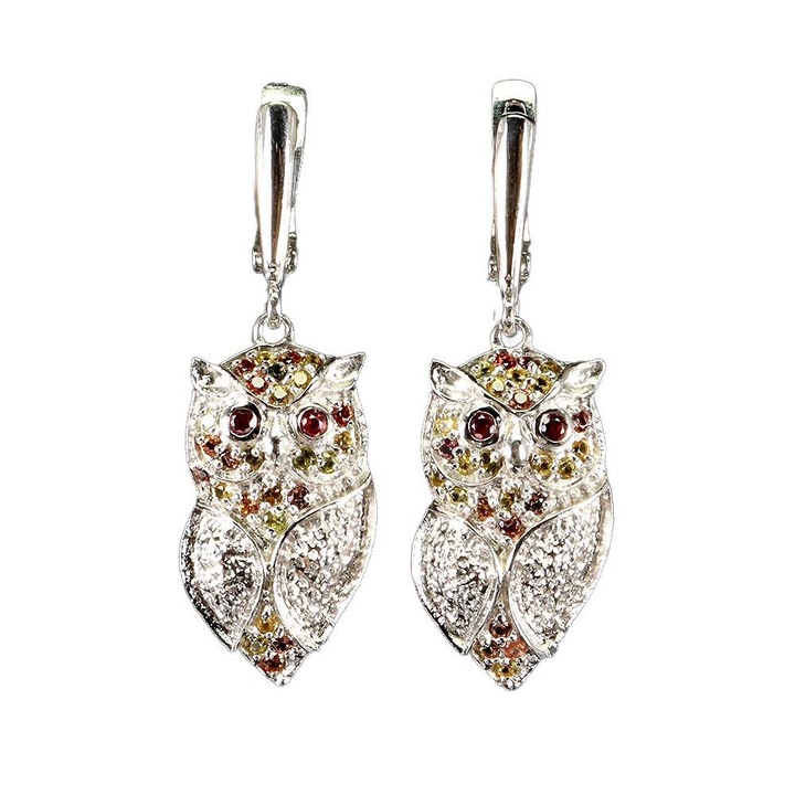 Cercei Songea, granate naturale si safire, aur alb 14K, 37x13mm, set