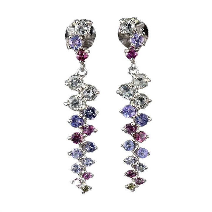 Cercei din argint 925 Songea cu tanzanite, acvamarine, safire si granate, 33x13mm, set