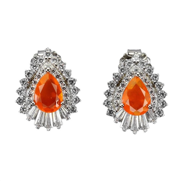 Cercei din argint 925, Songea, cu opale portocalii naturale si zirconii, 14x12mm, set